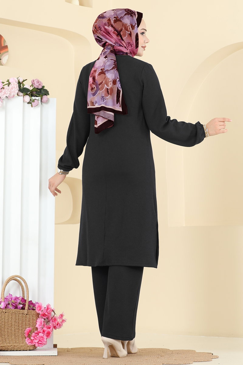 Bisiklet Yaka Burgu Takım 4136PM271 Siyah - Moda Selvim