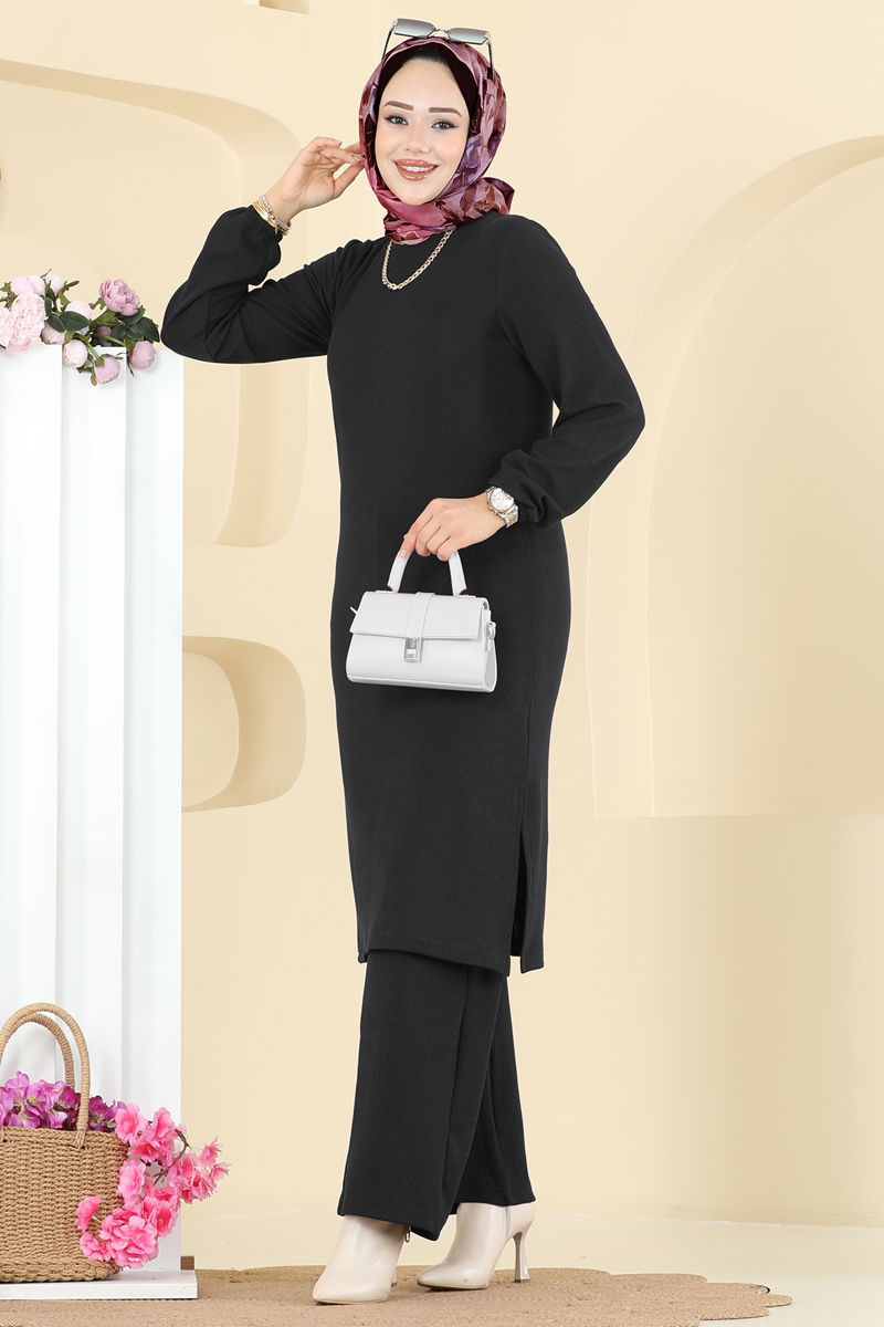 Bisiklet Yaka Burgu Takım 4136PM271 Siyah - Moda Selvim