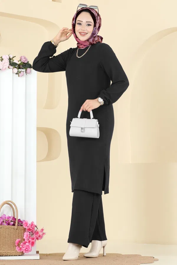 Modaselvim Kombin Bisiklet Yaka Burgu Takım 4136PM271 Siyah