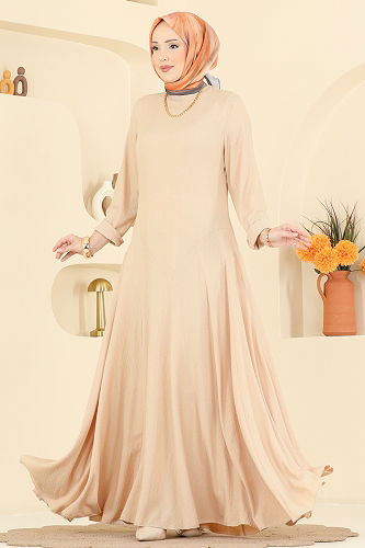 moda selvim Bisiklet Yaka Bürümcük Elbise 7132ERK1158 Bej - Thumbnail