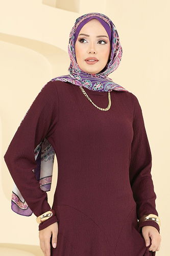 moda selvim Bisiklet Yaka Bürümcük Elbise 7132ERK1158 Bordo - Thumbnail