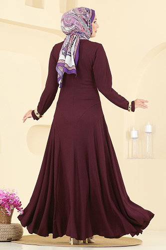 moda selvim Bisiklet Yaka Bürümcük Elbise 7132ERK1158 Bordo - Thumbnail