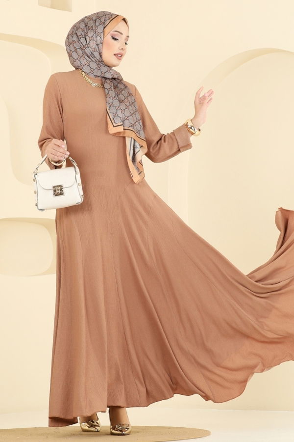 Modaselvim Elbise Bisiklet Yaka Bürümcük Elbise 7132ERK1158 Camel