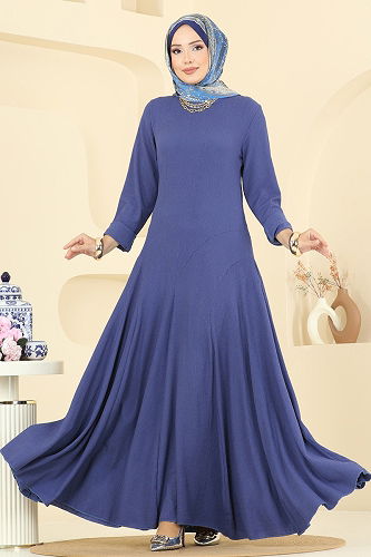 moda selvim Bisiklet Yaka Bürümcük Elbise 7132ERK1158 İndigo - Thumbnail