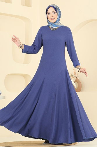 moda selvim Bisiklet Yaka Bürümcük Elbise 7132ERK1158 İndigo - Thumbnail