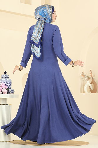 moda selvim Bisiklet Yaka Bürümcük Elbise 7132ERK1158 İndigo - Thumbnail