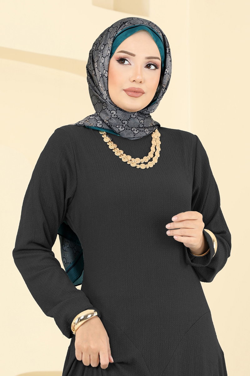 Bisiklet Yaka Bürümcük Elbise 7132ERK1158 Siyah - Moda Selvim