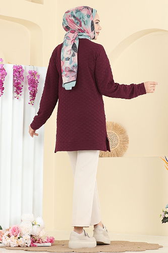 moda selvim Bisiklet Yaka Bürümcük Tunik 185BO429 Bordo - Thumbnail
