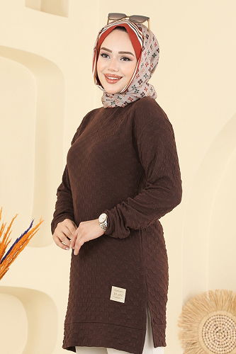 moda selvim Bisiklet Yaka Bürümcük Tunik 185BO429 Kahve - Thumbnail