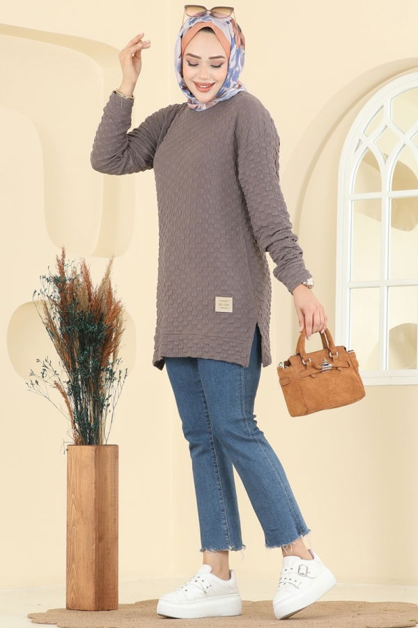 Modaselvim Tunik Bisiklet Yaka Bürümcük Tunik 185BO429 Koyu Vizyon