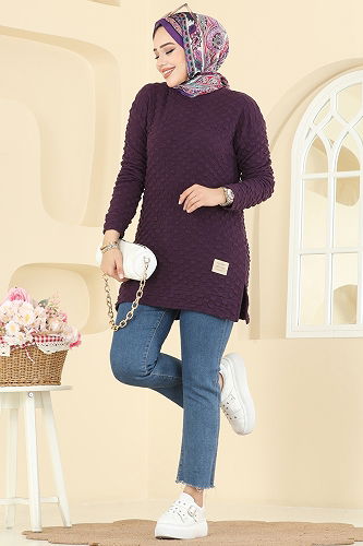 moda selvim Bisiklet Yaka Bürümcük Tunik 185BO429 Mürdüm - Thumbnail