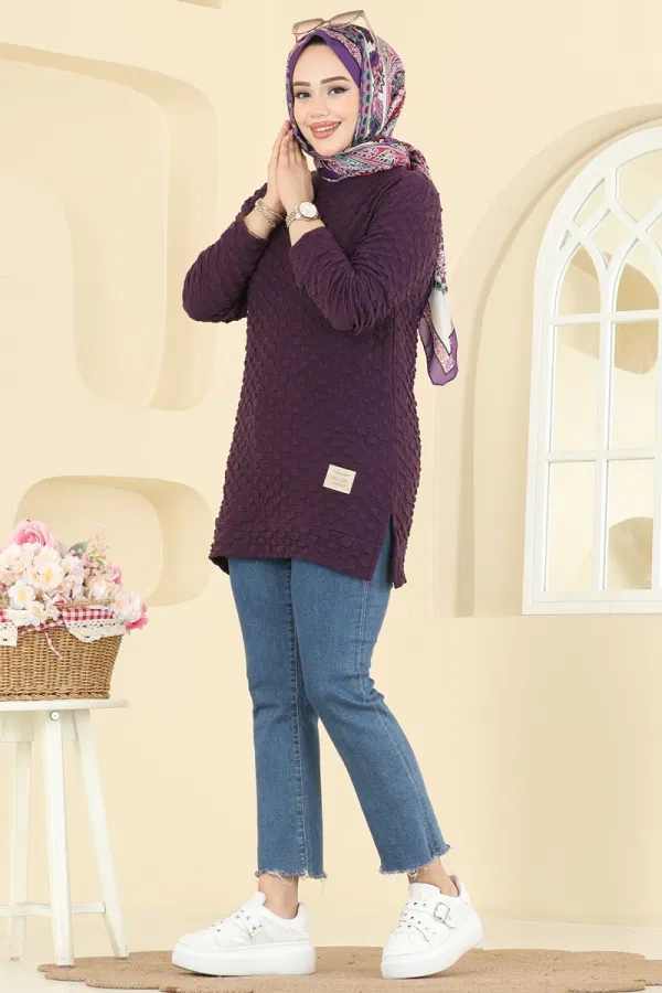 Modaselvim Tunik Bisiklet Yaka Bürümcük Tunik 185BO429 Mürdüm