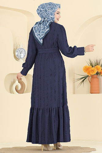 moda selvim Bisiklet Yaka Detaylı Elbise 7150BG354 Açık Laci - Thumbnail