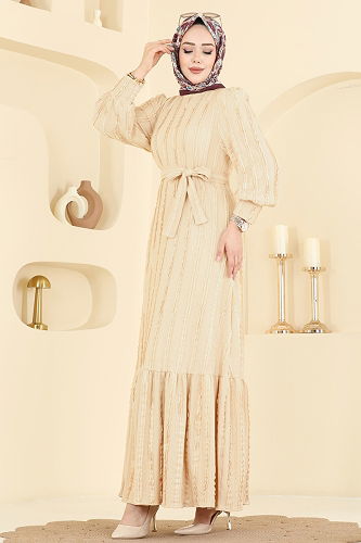 moda selvim Bisiklet Yaka Detaylı Elbise 7150BG354 Bej - Thumbnail