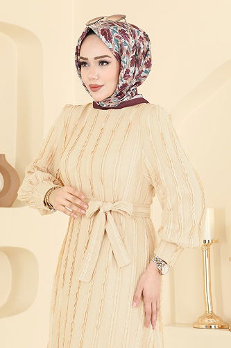 moda selvim Bisiklet Yaka Detaylı Elbise 7150BG354 Bej - Thumbnail