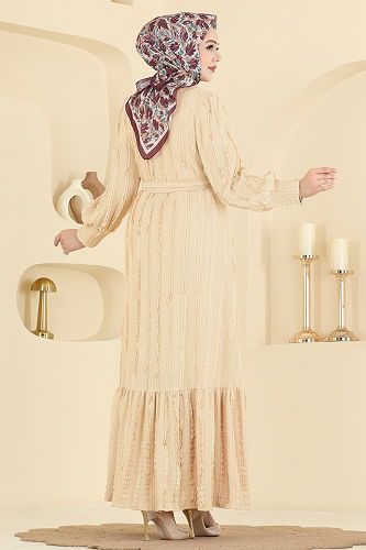 moda selvim Bisiklet Yaka Detaylı Elbise 7150BG354 Bej - Thumbnail