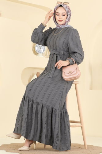 B.G.S. - Bisiklet Yaka Detaylı Elbise 7150BG354 Gri