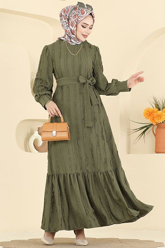 moda selvim Bisiklet Yaka Detaylı Elbise 7150BG354 Haki - Thumbnail