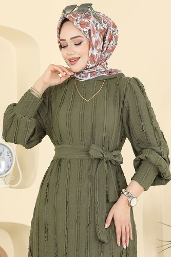 moda selvim Bisiklet Yaka Detaylı Elbise 7150BG354 Haki - Thumbnail