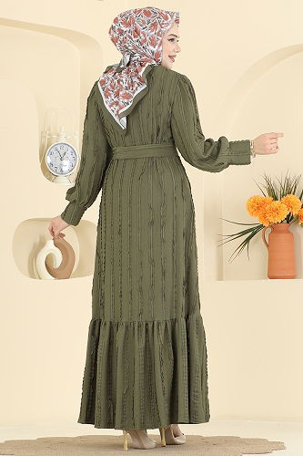 moda selvim Bisiklet Yaka Detaylı Elbise 7150BG354 Haki - Thumbnail