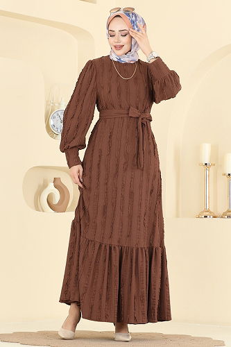 moda selvim Bisiklet Yaka Detaylı Elbise 7150BG354 Kahve - Thumbnail