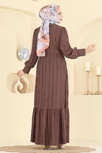moda selvim Bisiklet Yaka Detaylı Elbise 7150BG354 Kahve - Thumbnail