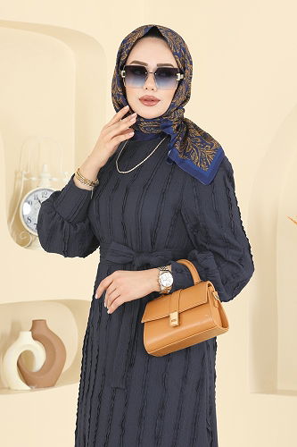 moda selvim Bisiklet Yaka Detaylı Elbise 7150BG354 Laci - Thumbnail