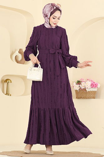 moda selvim Bisiklet Yaka Detaylı Elbise 7150BG354 Mor - Thumbnail