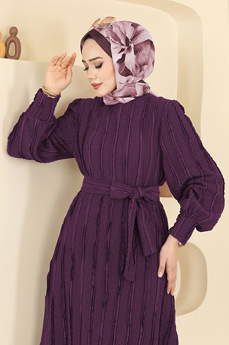 moda selvim Bisiklet Yaka Detaylı Elbise 7150BG354 Mor - Thumbnail