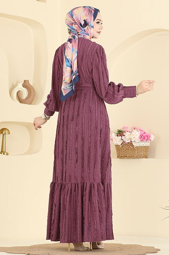 moda selvim Bisiklet Yaka Detaylı Elbise 7150BG354 Mürdüm - Thumbnail