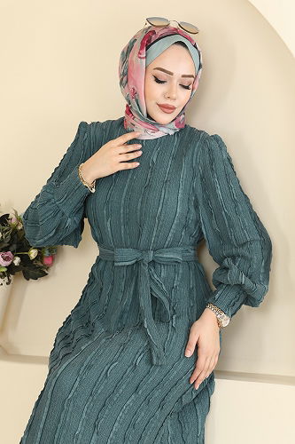 moda selvim Bisiklet Yaka Detaylı Elbise 7150BG354 Petrol - Thumbnail