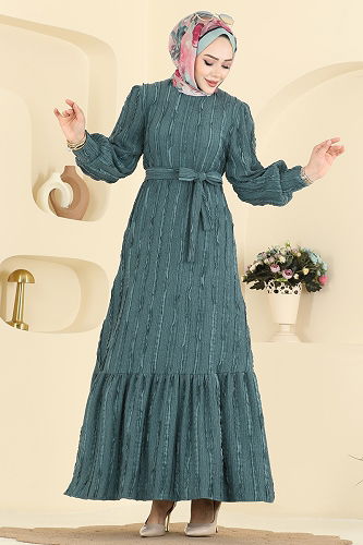 moda selvim Bisiklet Yaka Detaylı Elbise 7150BG354 Petrol - Thumbnail