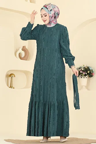 moda selvim Bisiklet Yaka Detaylı Elbise 7150BG354 Petrol - Thumbnail