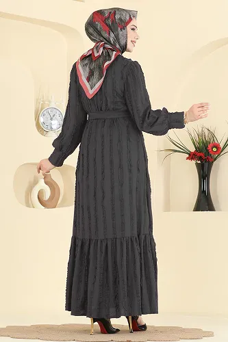 moda selvim Bisiklet Yaka Detaylı Elbise 7150BG354 Siyah - Thumbnail