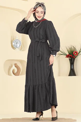 moda selvim Bisiklet Yaka Detaylı Elbise 7150BG354 Siyah - Thumbnail