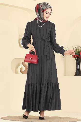 moda selvim Bisiklet Yaka Detaylı Elbise 7150BG354 Siyah - Thumbnail