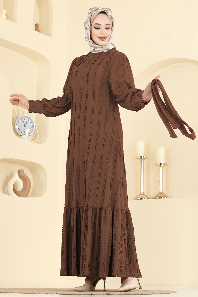 Bisiklet Yaka Detaylı Elbise 7150BG354 Taba
