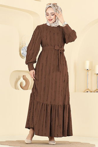 moda selvim Bisiklet Yaka Detaylı Elbise 7150BG354 Taba - Thumbnail