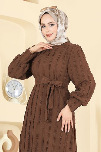 moda selvim Bisiklet Yaka Detaylı Elbise 7150BG354 Taba - Thumbnail