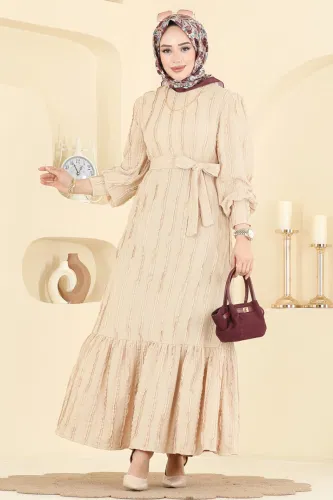 B.G.S. - Bisiklet Yaka Detaylı Elbise 7150BG354 Taş