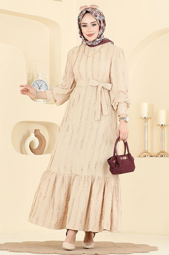 moda selvim Bisiklet Yaka Detaylı Elbise 7150BG354 Taş - Thumbnail