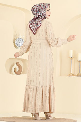 moda selvim Bisiklet Yaka Detaylı Elbise 7150BG354 Taş - Thumbnail