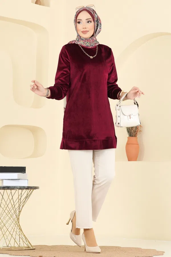 Modaselvim Tunik Bisiklet Yaka Kadife Tunik ASM2833 Bordo