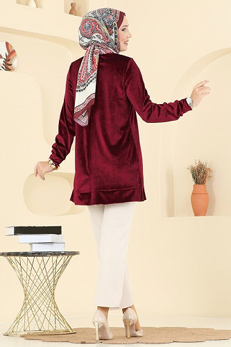 moda selvim Bisiklet Yaka Kadife Tunik ASM2833 Bordo - Thumbnail