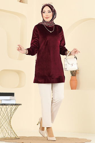 moda selvim Bisiklet Yaka Kadife Tunik ASM2833 Koyu Bordo - Thumbnail