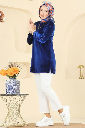 moda selvim Bisiklet Yaka Kadife Tunik ASM2833 Saks - Thumbnail