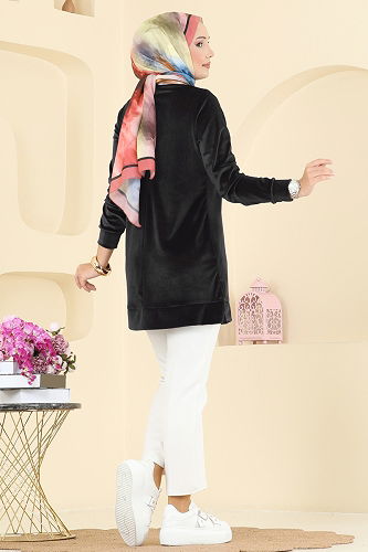 moda selvim Bisiklet Yaka Kadife Tunik ASM2833 Siyah - Thumbnail