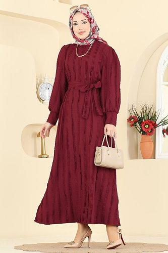 moda selvim Bisiklet Yaka Kemerli Elbise 7166BG354 Bordo - Thumbnail