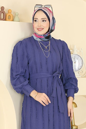 moda selvim Bisiklet Yaka Kemerli Elbise 7166BG354 İndigo - Thumbnail
