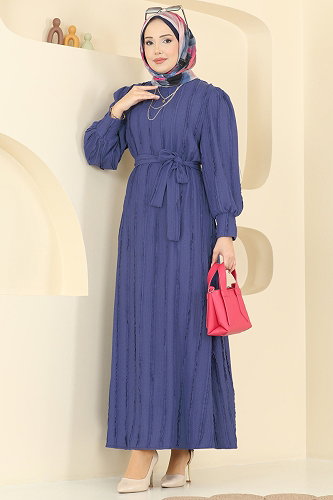 moda selvim Bisiklet Yaka Kemerli Elbise 7166BG354 İndigo - Thumbnail